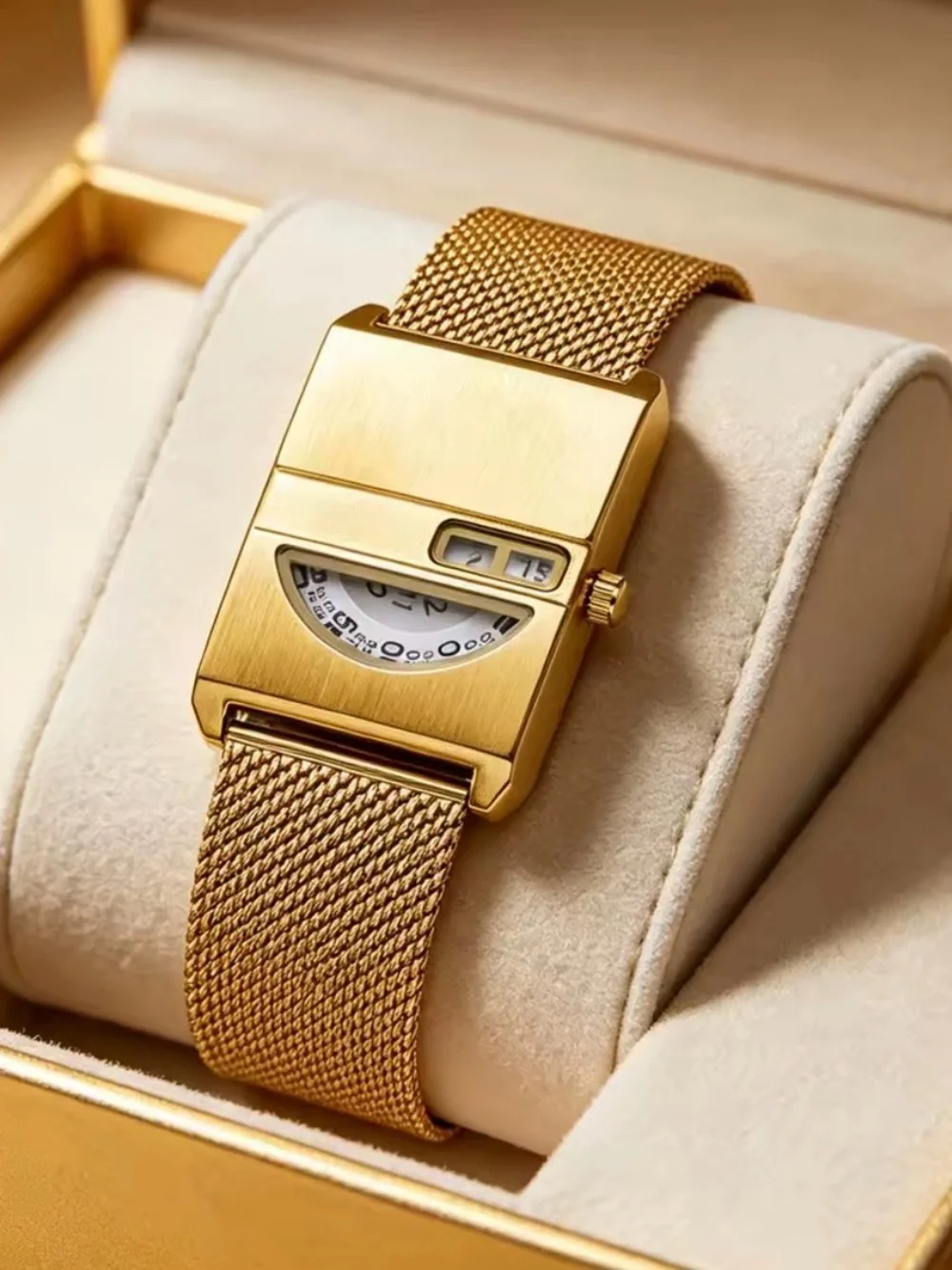 Gold Geometric Mesh Watch | Minimalist Luxury Style | Statement Timepiece